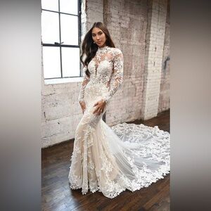 Martina Liana Sheer Lace Long-Sleeve Bridal Gown in Ivory